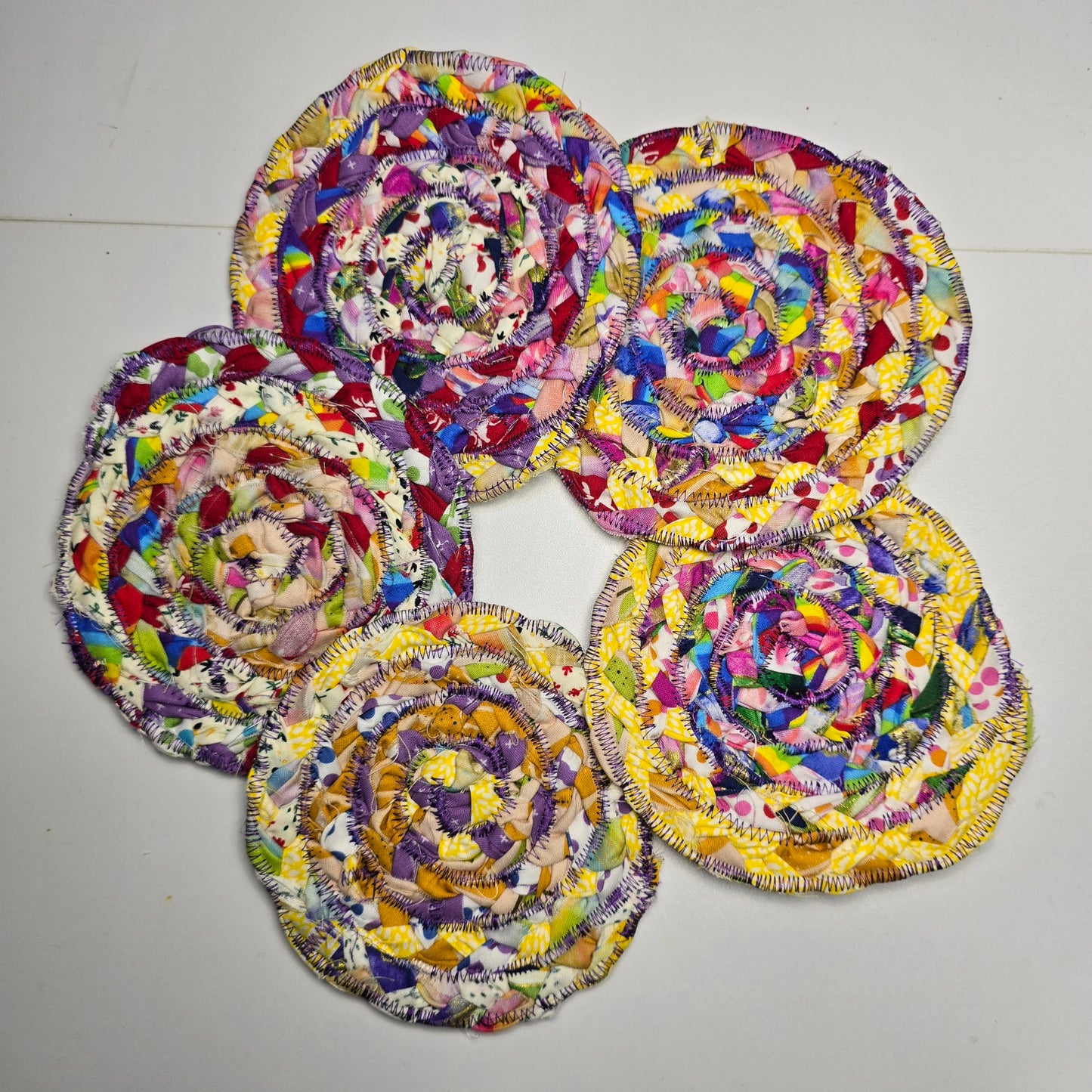 Vibrant Boho Braided Scrapped Fabric Coasters, 2pk
