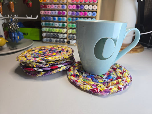 Vibrant Boho Braided Scrapped Fabric Coasters, 2pk
